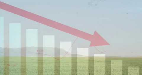 Animation of red arrow on declining graph over green field and mountains Stock Footage 303428739