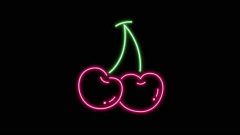 Animation red cherry neon light on black background. Stock Footage 166985295