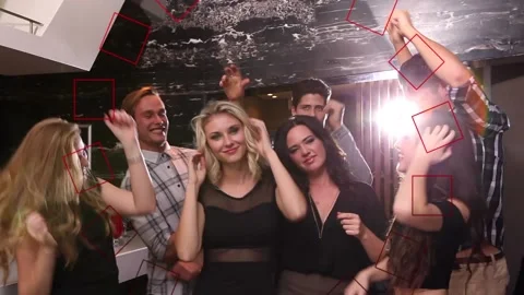 Animation of red circle pattern over happy group of friends having fun at party Stock Footage 157349591