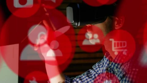 Animation of red computer icons over caucasian businessman using virtual reality Stock Footage 329508930