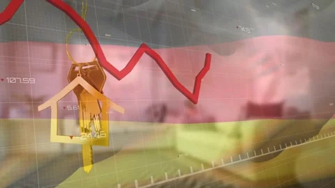 Animation of red diagram, data processing and flag of germany over house and Stock Footage 328970100