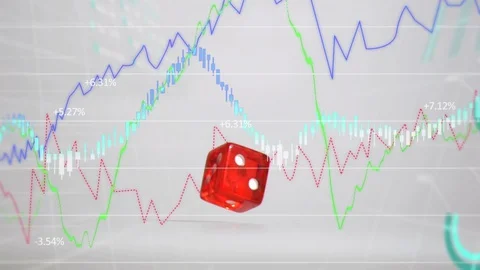 Animation of a red dice tumbling over statistics and data processing Video stock 130136630
