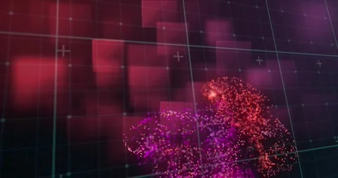 Animation of red digital wave over grid network against square shapes on red Stock Footage 330479004