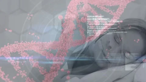 Animation of red dna helix with programming language over caucasian woman Stock Footage 326625066