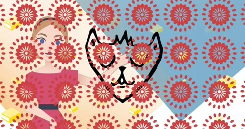 Animation of red flowers in abstract pattern over black dog face and woman Stock Footage 329766183