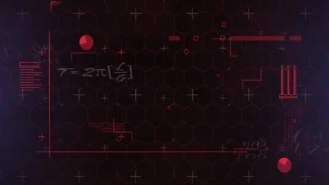 Animation of red geometric shapes and math symbols on dark hexagonal grid Stock Footage 304843384