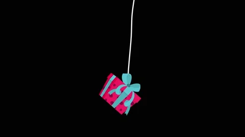 Animation of red gift box hanging in the air on a rope. 스톡 동영상 142528626