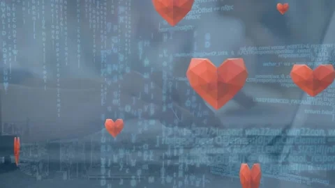 Animation of red heart icons falling over data processing against mid section of Stock Footage 329923970