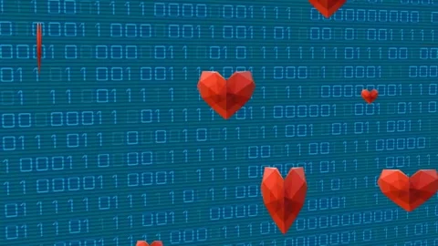 Animation of red hearts over binary coding on blue background Video stock 329976679
