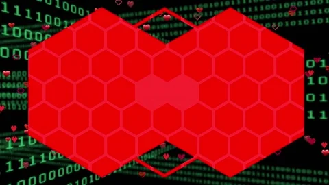 Animation of red hexagons over binary code on black background Stock Footage 326626399