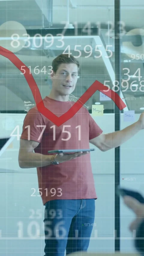 Animation of red line and data processing over diverse business people in office Stock Footage 343887357