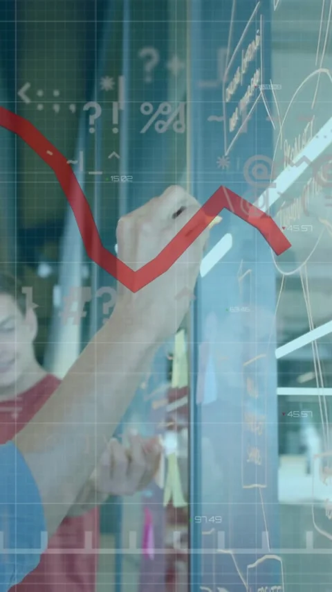 Animation of red line and data processing over diverse business people in office Stock Footage 343887358
