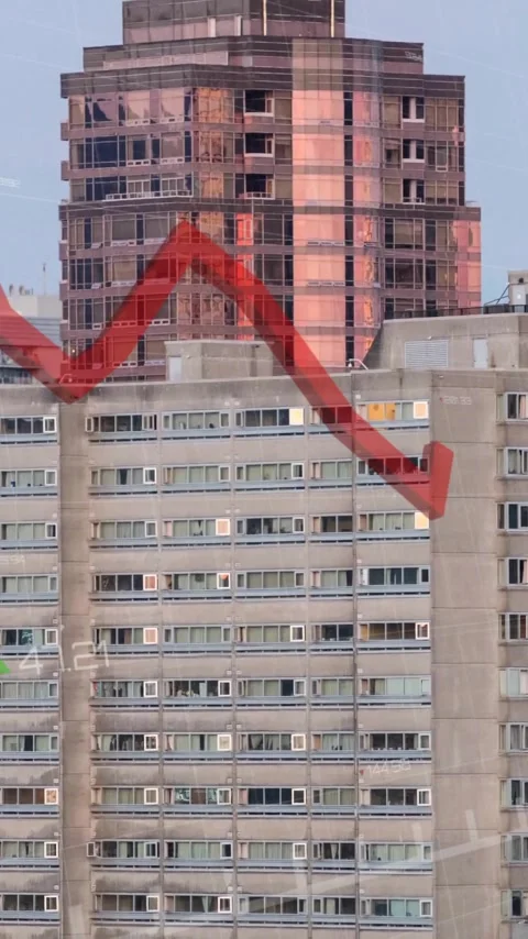 Animation of red line and financial data processing over buildings Stock Footage 343643585