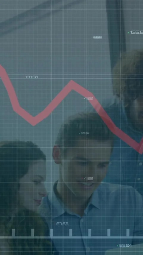 Animation of red line, financial data processing over diverse business people in Stock Footage 343504407