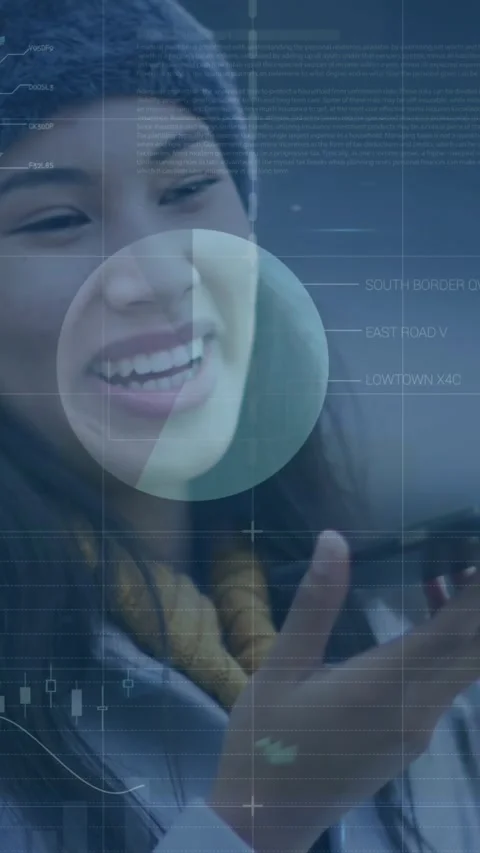 Animation of red line financial data processing over asian woman on smartphone Stock Footage 344636996
