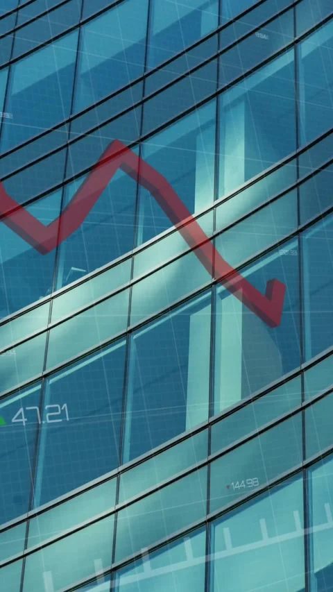 Animation of red line, financial data processing over modern office building Stock Footage 344722479