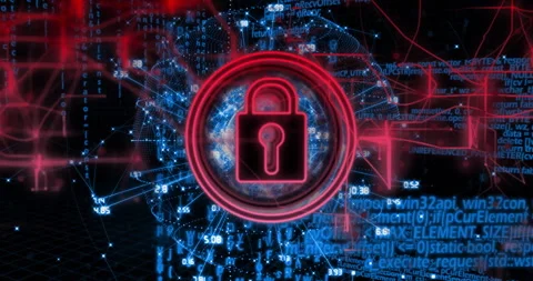 Animation of red padlock icon over digital network with binary code background Stock Footage 304111471