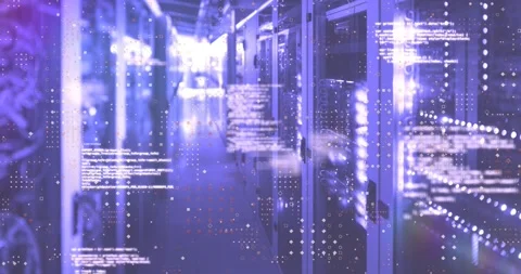 Animation of red particles over data processing against computer server room Vídeos de archivo 330108424