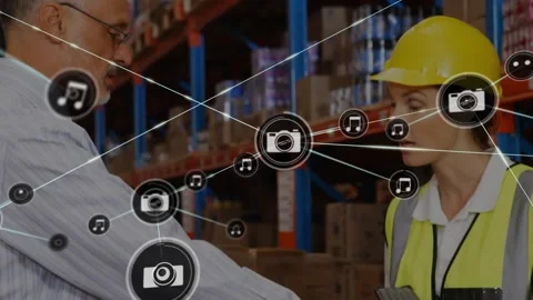 Animation of red pattern and network of connections over diverse people working Stock Footage 327897881