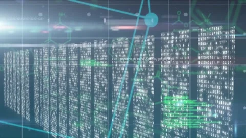Animation of red pattern, cube and scientific data processing over computer Stock Footage 327641110