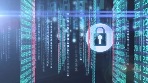 Animation of red pattern over online security padlock data processing on black Stock Footage 328087053