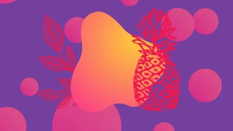 Animation of red pineapple and leaves over pink circles and shape on purple Stock Footage 330287658