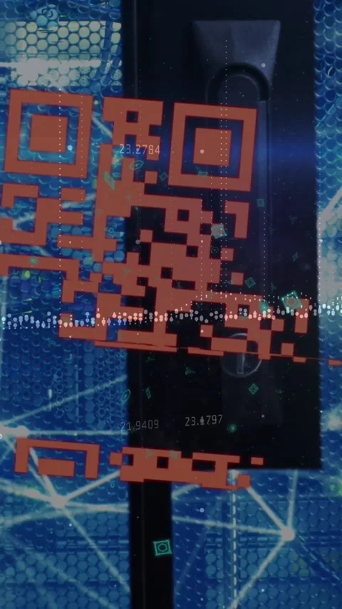 Animation of red qr code and glowing network over computer server Video stock 322559431