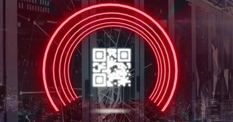 Animation of red semi circles with qr code, network connection against cityscape Stock Footage 203889552