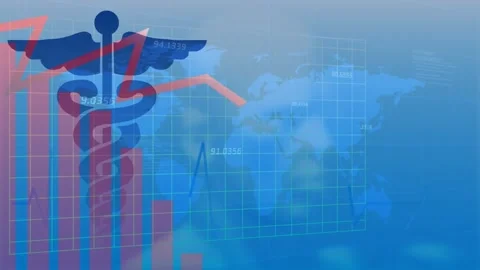Animation of red shapes and data processing over icon and world map on blue Stock Footage 330058238