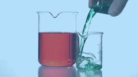 Animation of red shapes over hand of lab worker pouring reagent into glass on Stock Footage 328933461