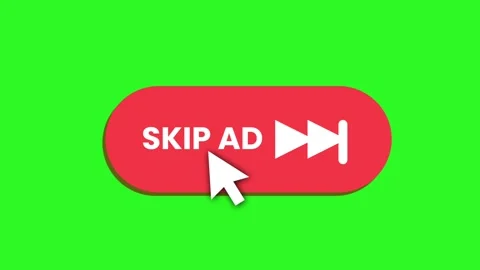 Animation of a red 'Skip Ad' button with a fast forward icon on a green screen. Stock Footage 319614276