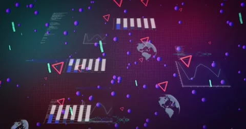 Animation of red triangle and purple spheres over globes and processing data on Stock Footage 244737598