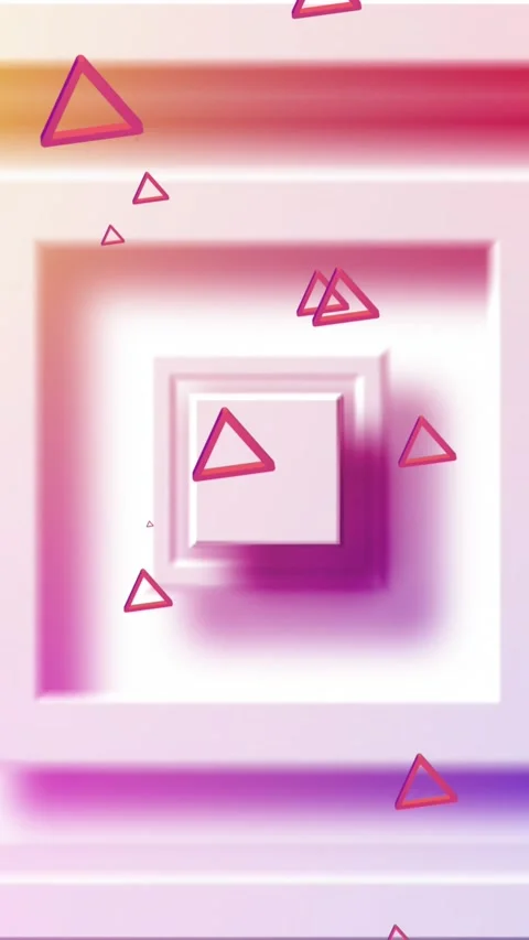 Animation of red triangles falling over moving concentric squares with rainbow Stock Footage 341953491