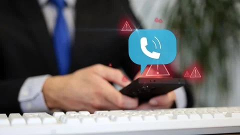 Animation of Red warning triangles and a phone icon pop up over a user's hands Stock Footage 334064605