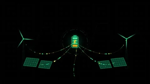 Animation of renewable energy system charging a battery on a dark abstract .. Stock Footage 344685180