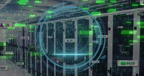 Animation of retina eye scanner, binary coding and social media icons against Video stock 253467161