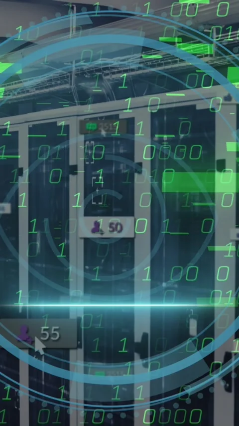 Animation of retina eye scanner, binary coding and social media icons against 库存影片 344783859