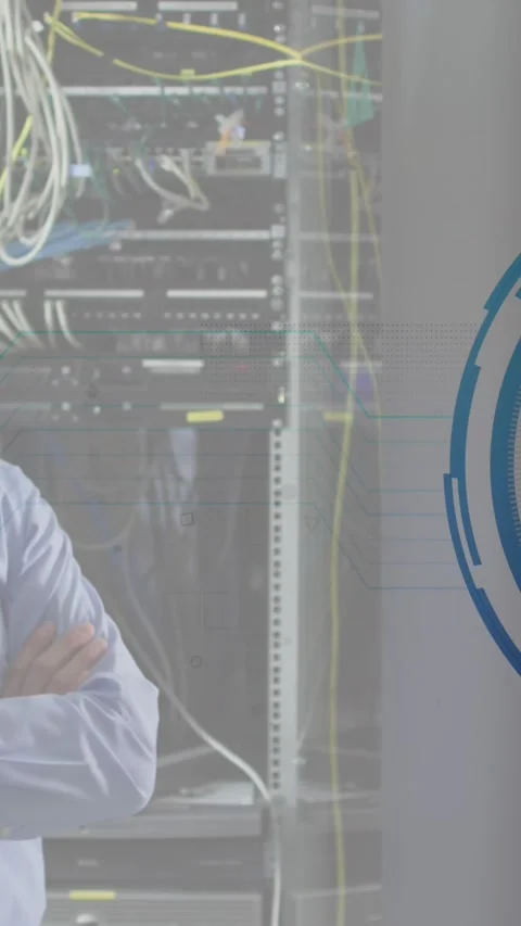 Animation retina round scanner against asian male engineer smiling at computer Stock Footage 342707413