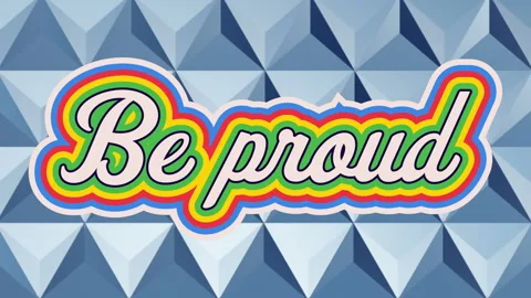 Animation of retro be proud rainbow text over 3d blue cube pattern in the Stock Footage 142392028