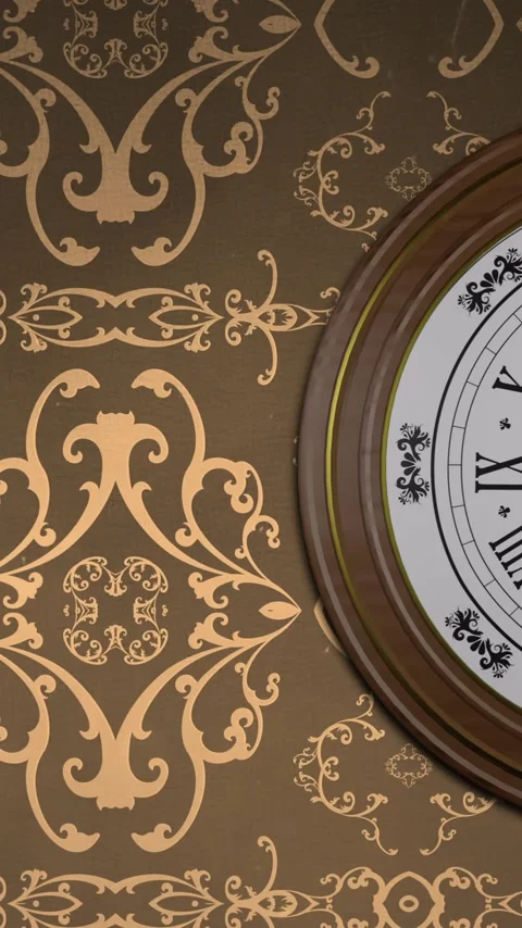 Animation of retro clock ticking showing midnight with gold patter on brown Vídeo Stock 343641472