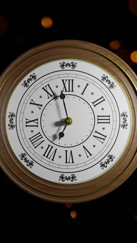 Animation of retro clock ticking showing midnight with spots of light on black Vídeo Stock 343641473