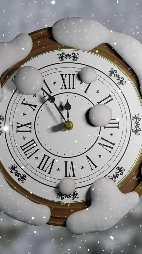 Animation of retro clock ticking showing midnight in winter scenery Vídeo Stock 343641475