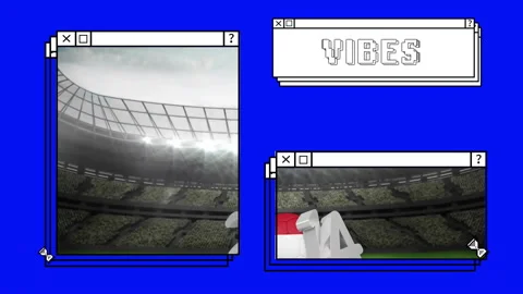 Animation of retro computer window style with Vibes text in stadium scene Stockbeeldmateriaal 304010676