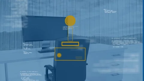 Animation of retro joystick icon with data processing against chair and computer Stock Footage 329127934