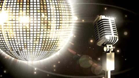 Animation of retro microphone and glowing disco mirror ball spinning on bla.. Stock Footage 265759873