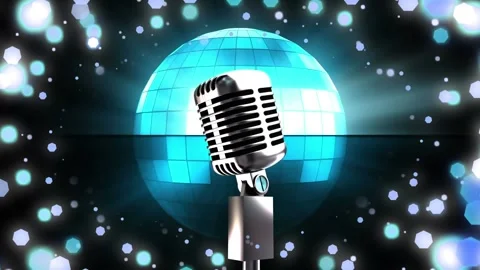 Animation of retro microphone, mirror disco ball and christmas fairy lights Stock Footage 329101966