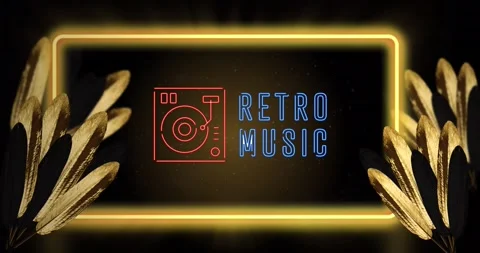 Animation of retro music text and phonograph icon with neon frame over leaves on Video stock 329356607