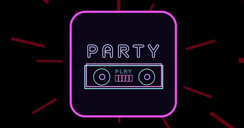 Animation of retro party, play text with speaker in pink neon square on black Stock Footage 268268792