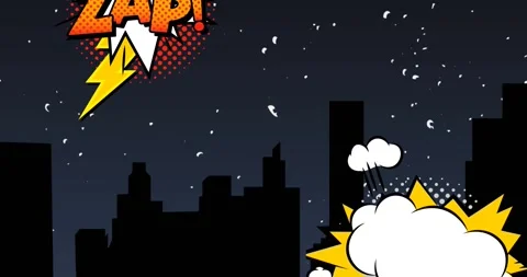 Animation of retro speech bubbles flying over cityscape at night Stock Footage 329491497
