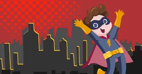 Animation of retro speech bubbles with superhero flying over cityscape at night Stock Footage 331621738